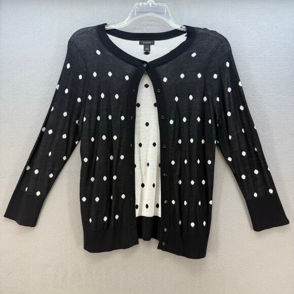 Halogen Cardigan Sweater Women's L Black White Polka Dot Preppy Normcore EUC - Picture 1 of 7